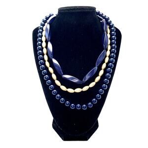 Vintage Necklace Acrylic Beaded Necklace Navy Blue Gold Multi Strand B#6